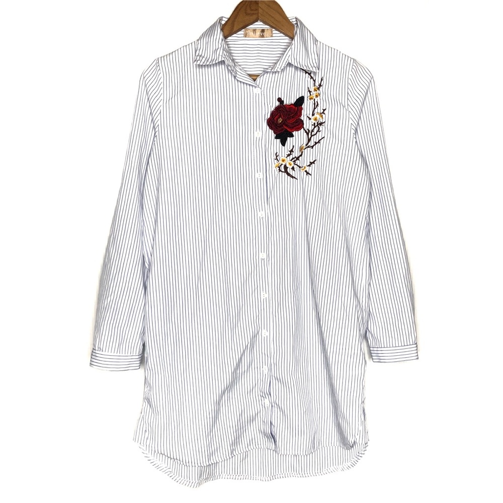 Believe Roses Embroidered Striped Buttoned Top NEW